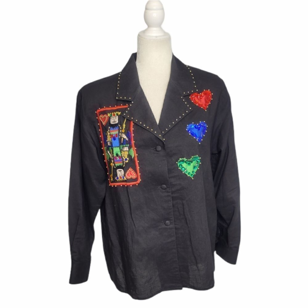 VINTAGE 80s top black embellished‎ beaded king of hearts button up M